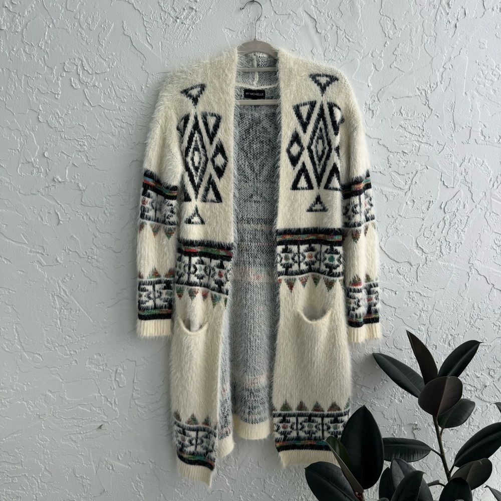 Anthropology My Michelle fuzzy long Aztec print boho long cardigan, size M